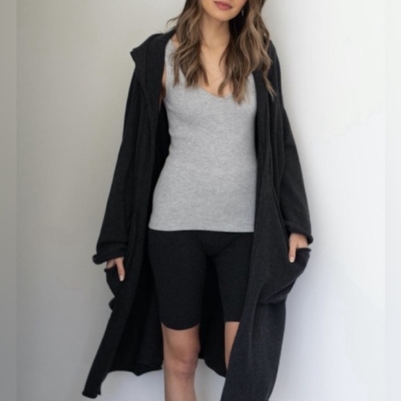 Lunya Cozy Cotton Silk Oversized Hooded Open Long Cardigan in Charcoal - Picture 3 of 13